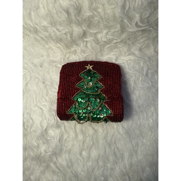 Vintage Victory Beaded Christmas Tree Lipstick Case Sequin With Mirror - Picture 1 of 5